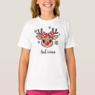 Personalized Cute Girl Reindeer Red Bow Christmas T-Shirt