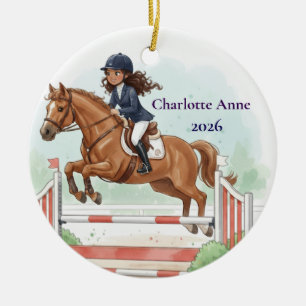 Personalized Cute Girls Horse Show Jumping Ceramic Ornament