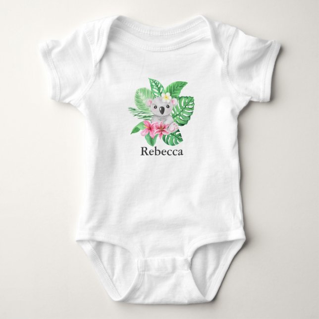 Personalized Cute Girls KoalaTropical Flowers Baby Bodysuit (Front)