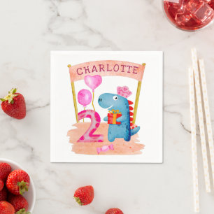 Personalized Cute Girly Dinosaur 2 Years Birthday Napkins