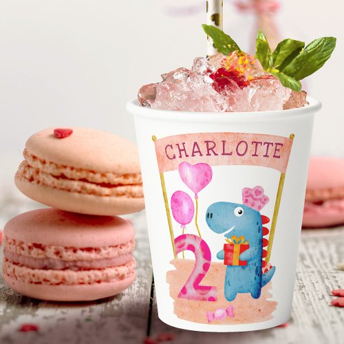 Personalized Cute Girly Dinosaur 2 Years Birthday Paper Cups