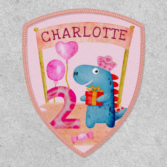 Personalized Cute Girly Dinosaur 2 Years Birthday Patch (Front)