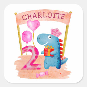Personalized Cute Girly Dinosaur 2 Years Birthday Square Sticker