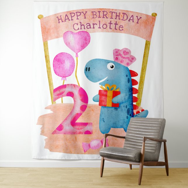 Personalized Cute Girly Dinosaur 2 Years Birthday Tapestry (In Situ)
