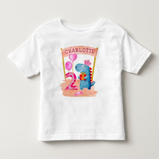Personalized Cute Girly Dinosaur 2 Years Birthday Toddler T-shirt (Front)