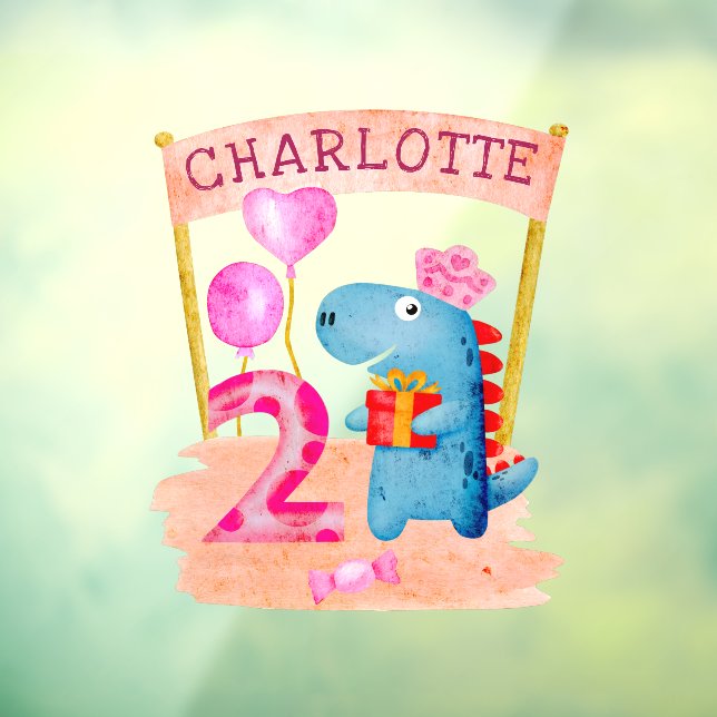 Personalized Cute Girly Dinosaur 2 Years Birthday Window Cling (Sheet 3)