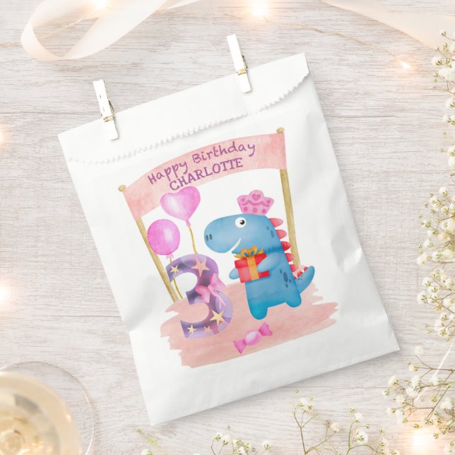 Personalized Cute Girly Dinosaur 3 Years Birthday Favor Bag (Clipped)