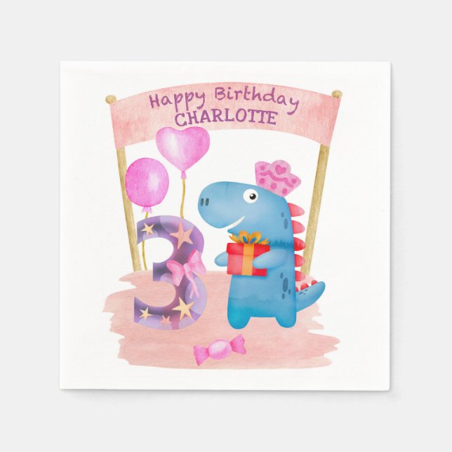 Personalized Cute Girly Dinosaur 3 Years Birthday Napkins (Front)