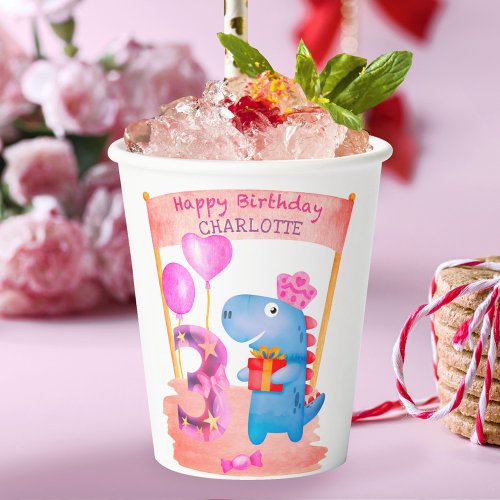 Personalized Cute Girly Dinosaur 3 Years Birthday Paper Cups