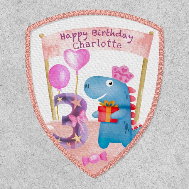 Personalized Cute Girly Dinosaur 3 Years Birthday Patch (Front)