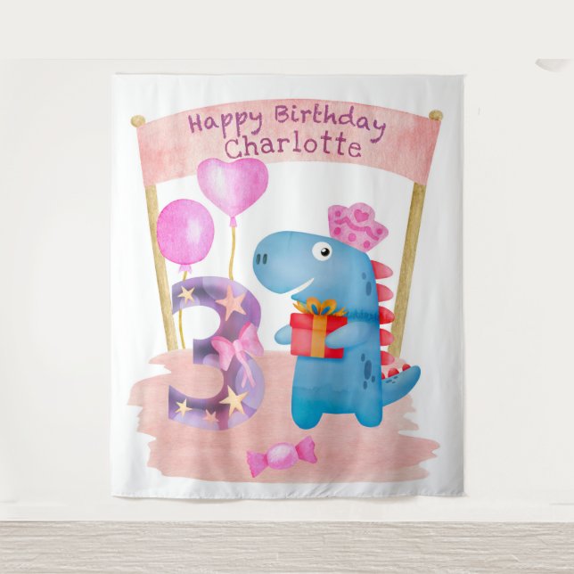 Personalized Cute Girly Dinosaur 3 Years Birthday Tapestry (Front)