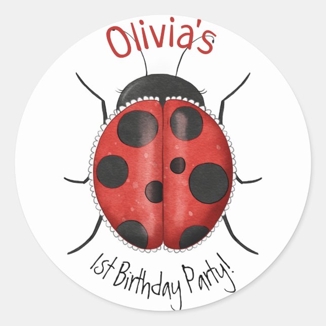 Personalized Cute Girly LadyBug 1st Birthday  Classic Round Sticker (Front)
