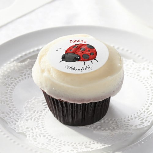 Personalized Cute Girly LadyBug 1st Birthday Edible Frosting Rounds