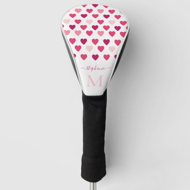 Personalized Cute Girly Pink Hearts Love Golf Head Cover (Front)
