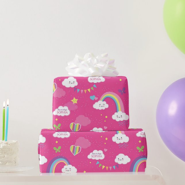Personalized Cute Girly Pink Rainbow & Skies Wrapping Paper (Party Gifts)
