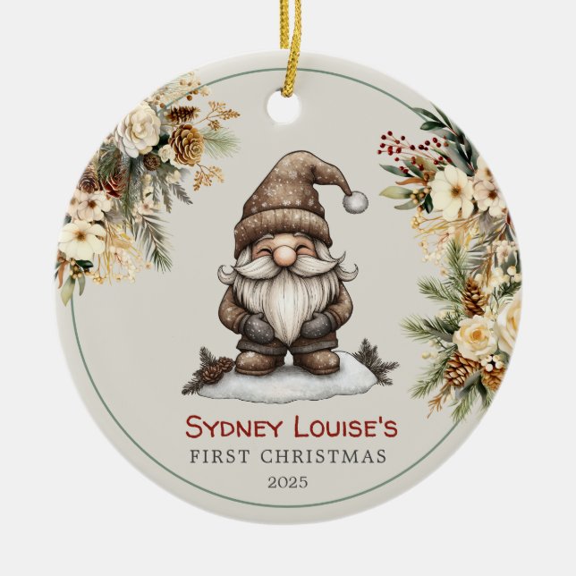 Personalized Cute Gnome Baby's First Christmas Ceramic Ornament (Front)