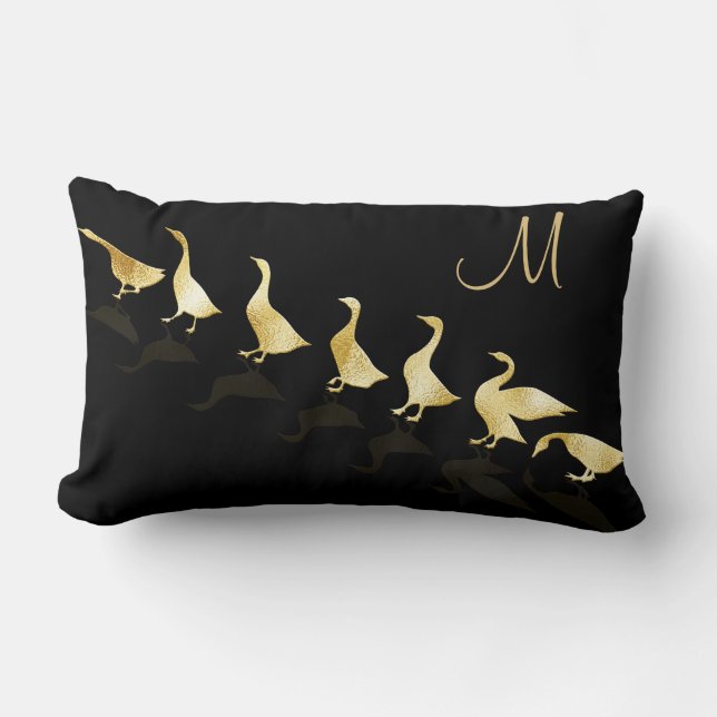 Personalized Cute Gold Foil Geese Black Lumbar Pillow (Front)