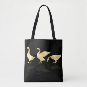 Personalized Cute Gold Foil Geese Black Tote Bag