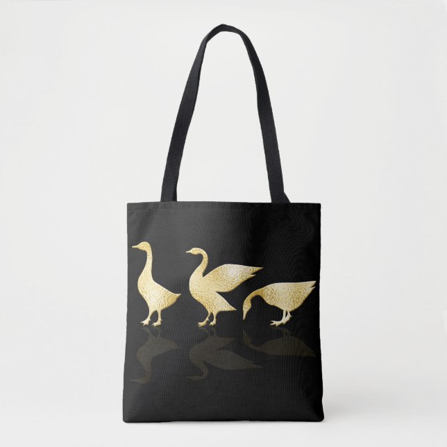 Personalized Cute Gold Foil Geese Black Tote Bag (Front)