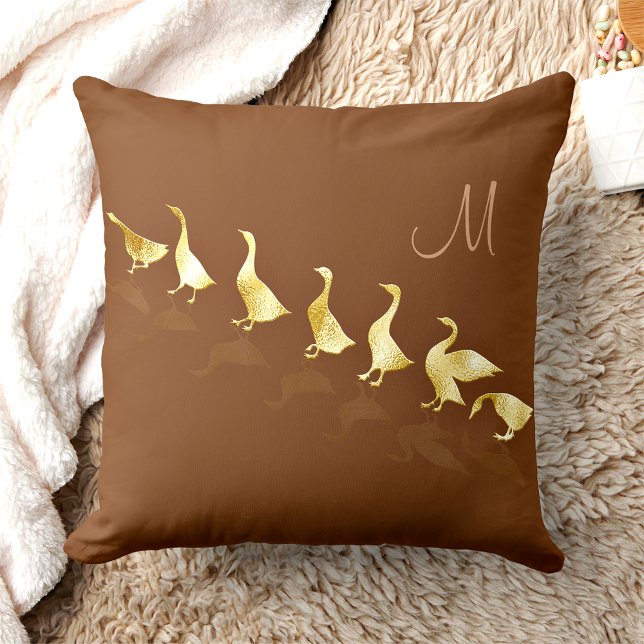 Personalized Cute Gold Foil Geese Cinnamon Brown Lumbar Pillow (Creator Uploaded)