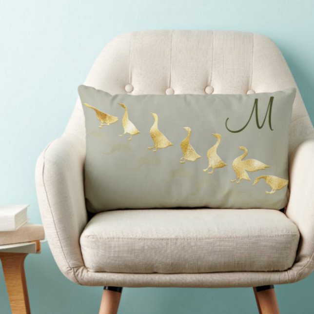 Personalized Cute Gold Foil Geese Pale Sage Green Lumbar Pillow (Creator Uploaded)
