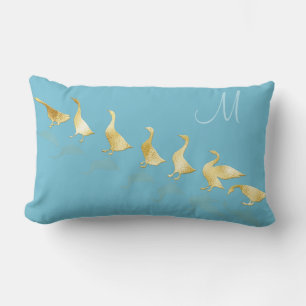 Personalized Cute Gold Foil Geese Pretty Blue Lumbar Pillow