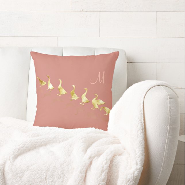 Personalized Cute Gold Foil Geese Rosy Pink Lumbar Pillow (Creator Uploaded)