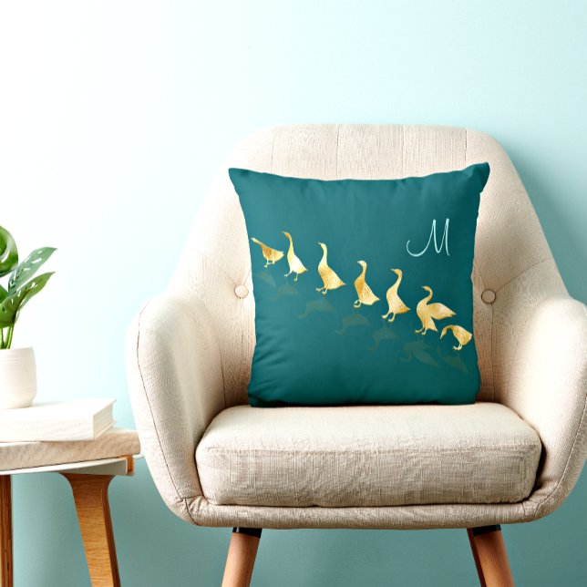 Personalized Cute Gold Foil Geese Teal Aqua Lumbar Pillow (Creator Uploaded)