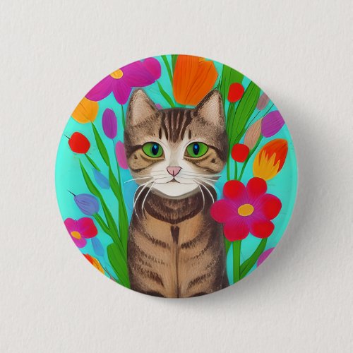 Personalized Cute Gray Cat with Colorful Flowers Button