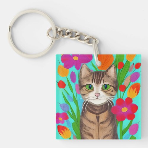 Personalized Cute Gray Cat with Colorful Flowers Keychain