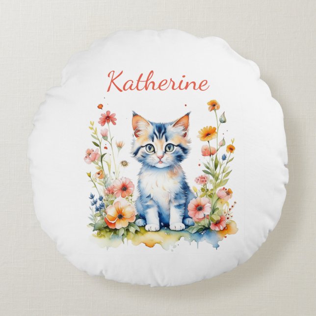 Personalized Cute Gray Kitten Nursery Room Art Round Pillow (Front)
