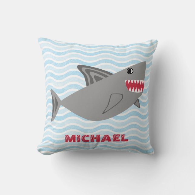 Personalized Cute Gray Shark Swimming in Waves Throw Pillow (Front)