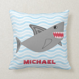 Personalized Cute Gray Shark Swimming in Waves Throw Pillow
