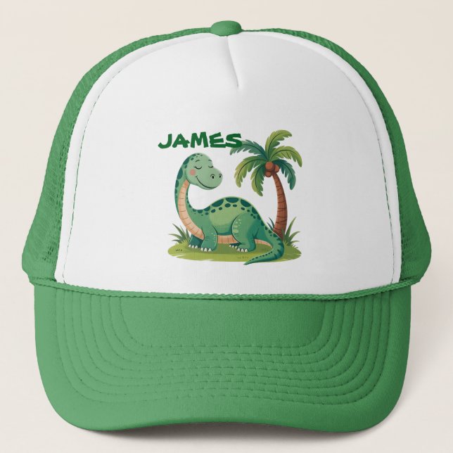 Personalized Cute Green Dinosaur . Palm Tree Desig Trucker Hat (Front)