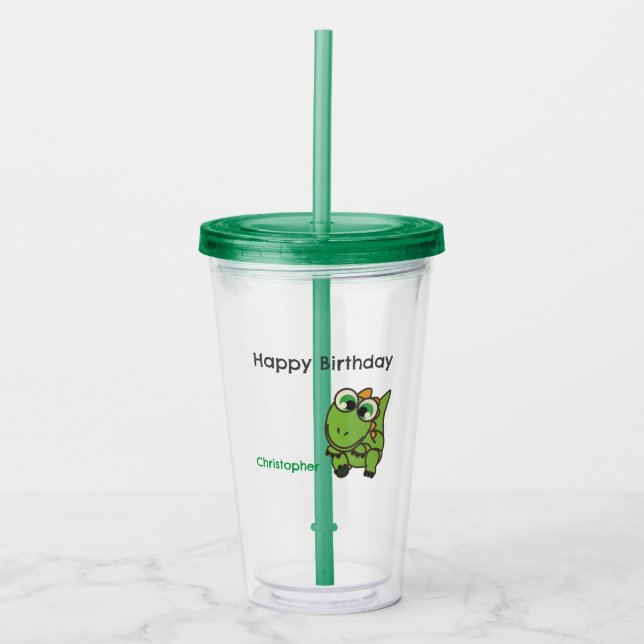 Personalized cute green dinosaurs blue birthday acrylic tumbler (Front)