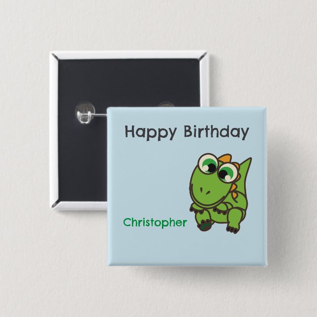 Personalized cute green dinosaurs blue birthday button (Front & Back)