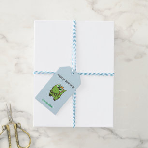 Personalized cute green dinosaurs blue birthday gift tags