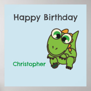 Personalized cute green dinosaurs blue birthday poster