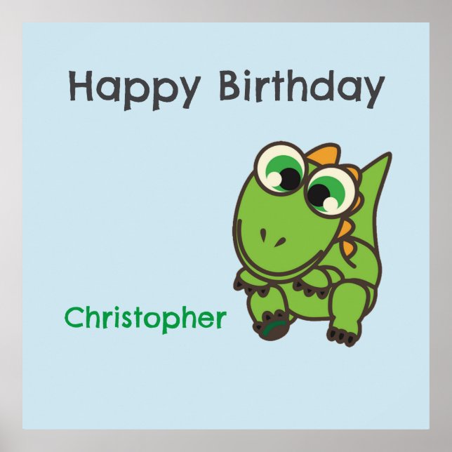 Personalized cute green dinosaurs blue birthday poster (Front)