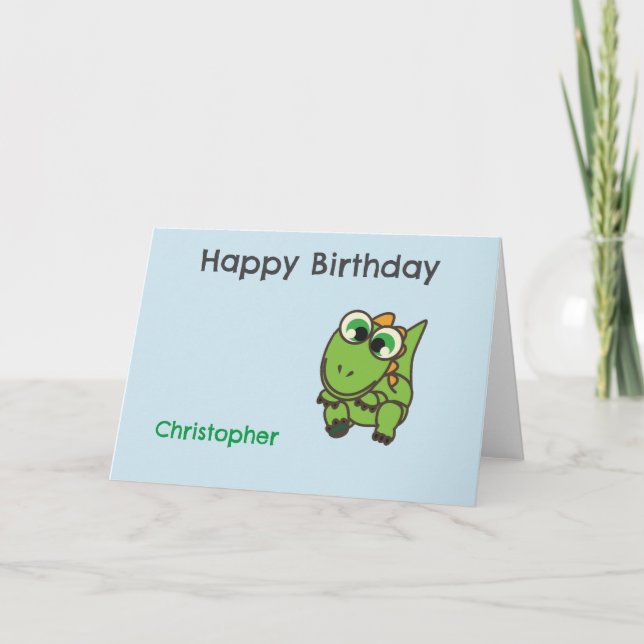 Personalized cute green dinosaurs blue birthday thank you card (Front)