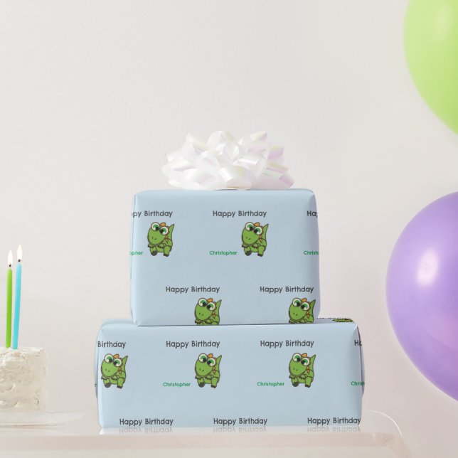 Personalized cute green dinosaurs blue birthday wrapping paper (Party Gifts)