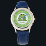 Personalized Cute Green Frog Kids Watch<br><div class="desc">Personalized cute green frog kids watch designed with an adorable green frog in the center with green around the outer edge and the numbers in white. Your name that you personalize yourself is custom printed in green below the frog. It's perfect for anyone who loves cute smiling frogs and the...</div>