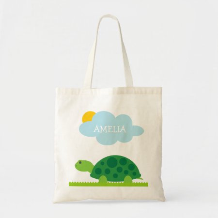 Personalized Cute Green Turtle Kids Tote Bag