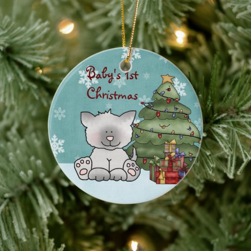 Personalized Cute Grey Cat Babys 1st Christmas Ceramic Ornament