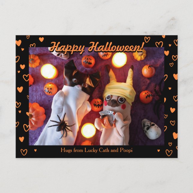 Personalized Cute Halloween Orange Hearts Photo Postcard (Front)