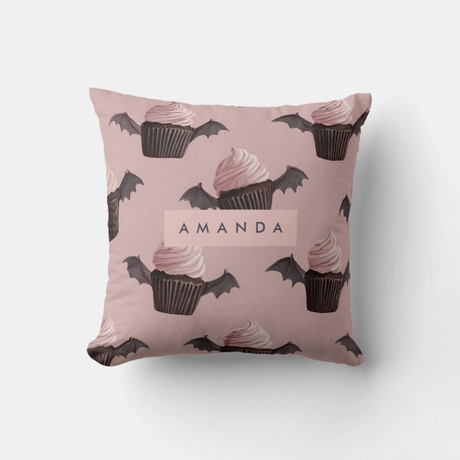 Personalized Cute Halloween Spooky Bat Cupcake Throw Pillow (Front)