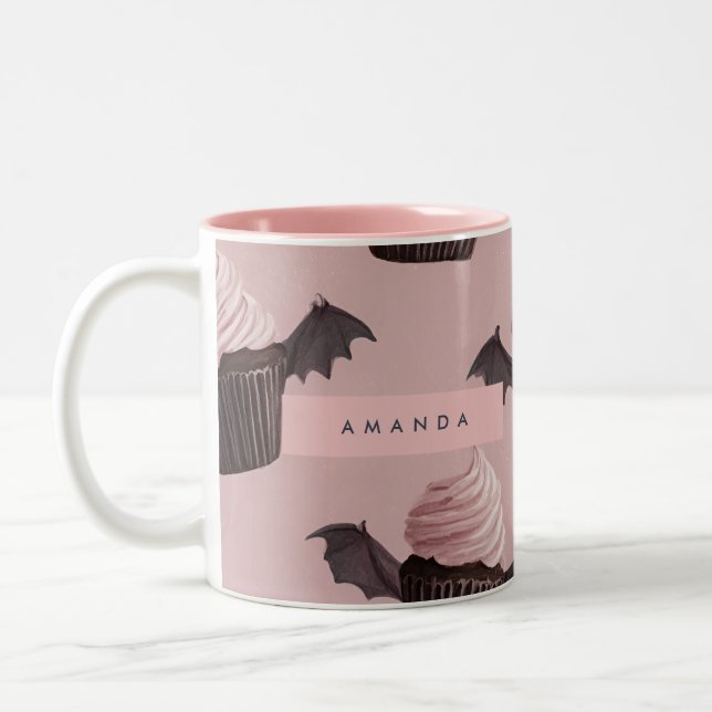 Personalized Cute Halloween Spooky Bat Cupcake Two-Tone Coffee Mug (Left)