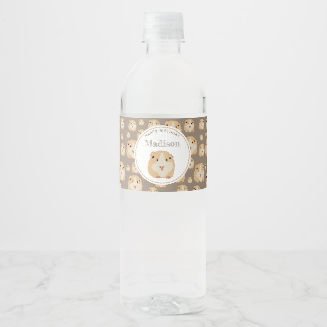 Personalized Cute Hamster Pattern Birthday Party Water Bottle Label (Front)