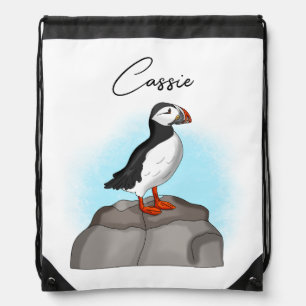 Personalized Cute Hand drawn Puffin Drawstring Bag