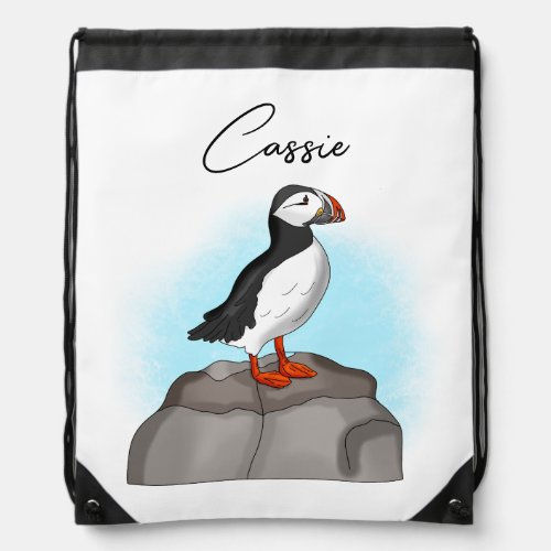 Personalized Cute Hand drawn Puffin Drawstring Bag